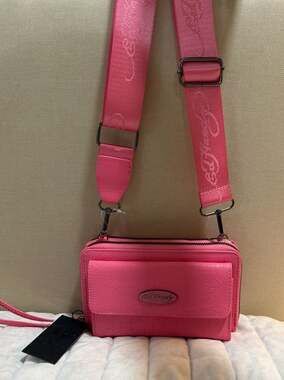 New with tags*Ed Hardy* Hot Pink Embossed Skull Crossbody Wallet Bag with Wide L